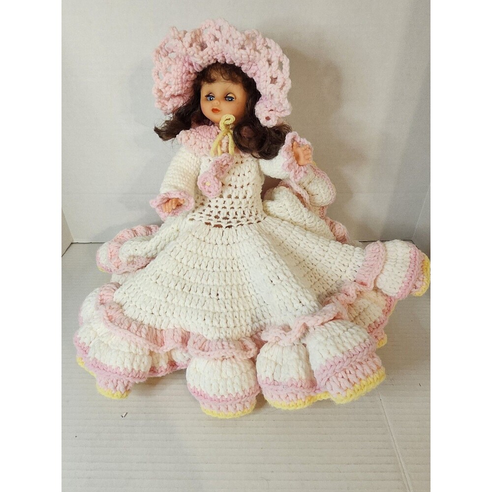 Vintage Sleepy Eye Plastic Doll With Beautiful Crochet Dress And Hat